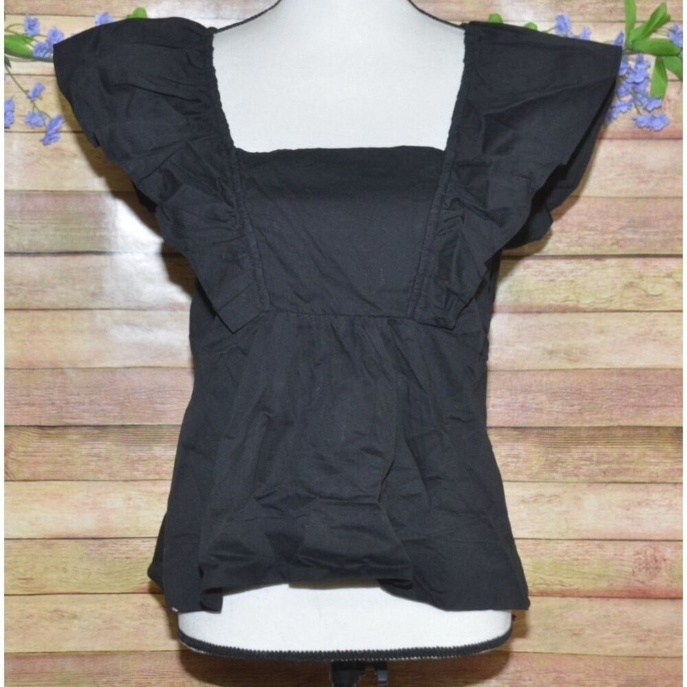 Ee:some Ladies Black Cropped Blouse Top Size L Cotton Square Neck Smocked Casual